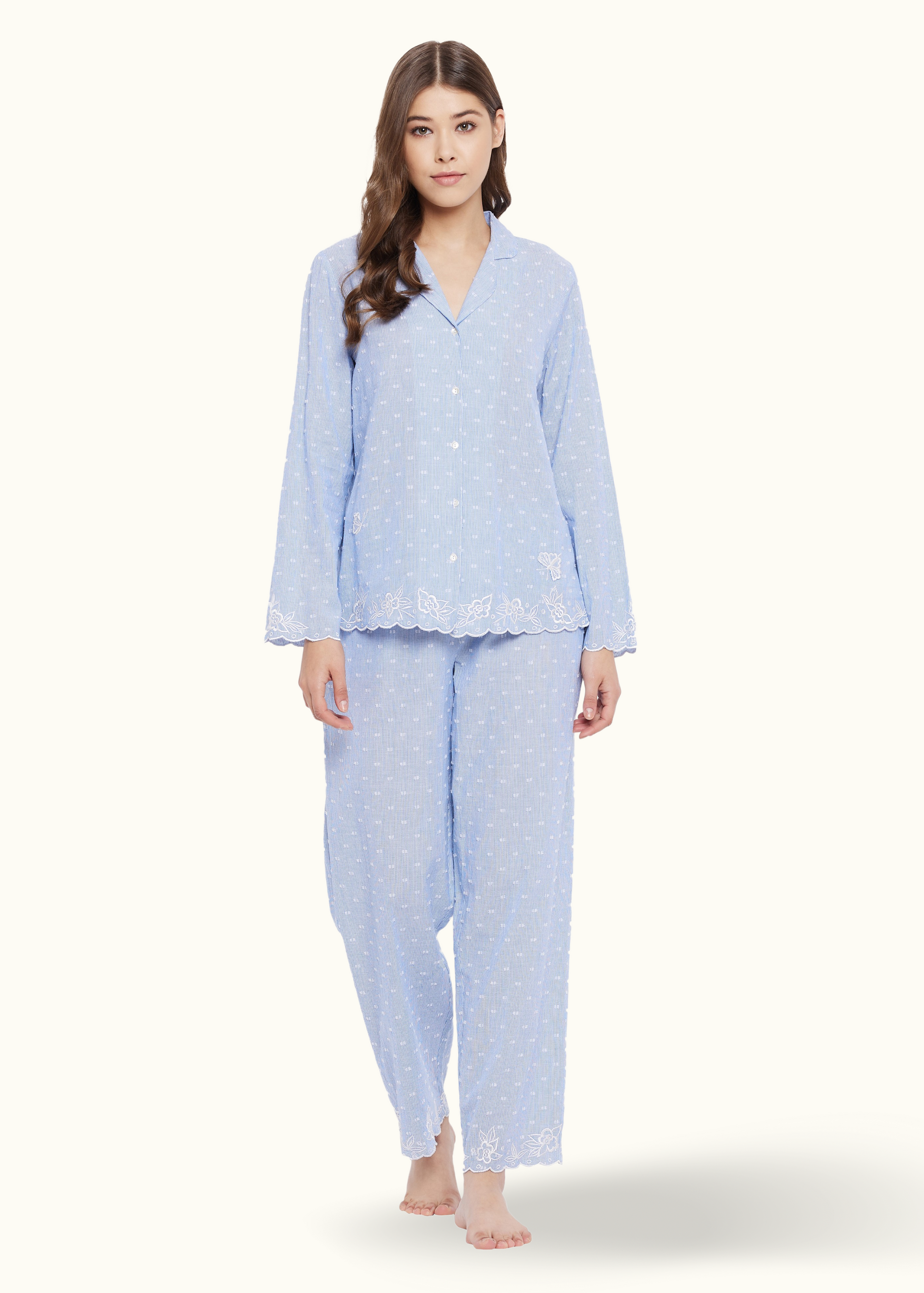 Annie Cotton Embroidery Pyjamas Set – Indigo Paisley