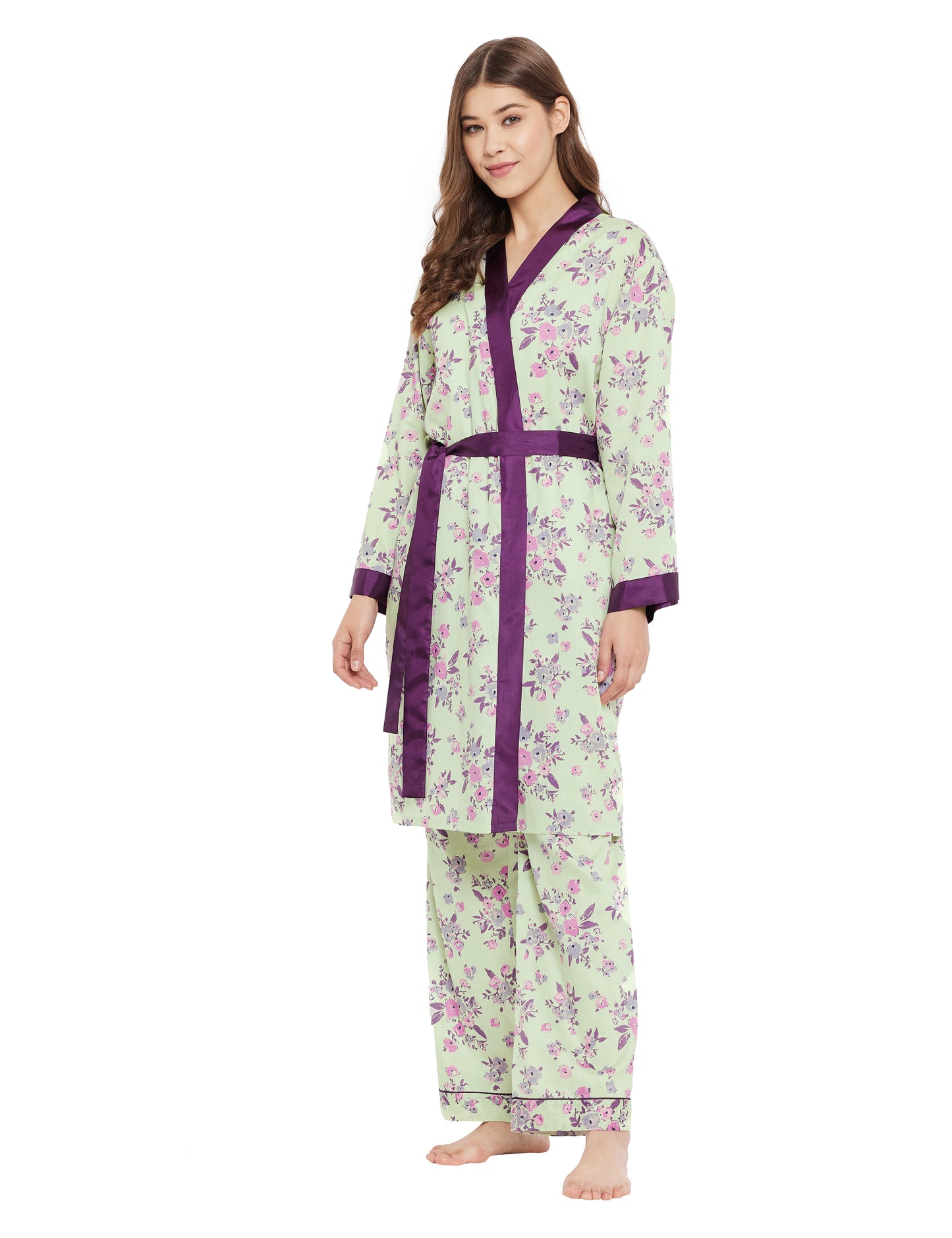 Cotton Satin Printed Robe Top Pyjama Set of 3