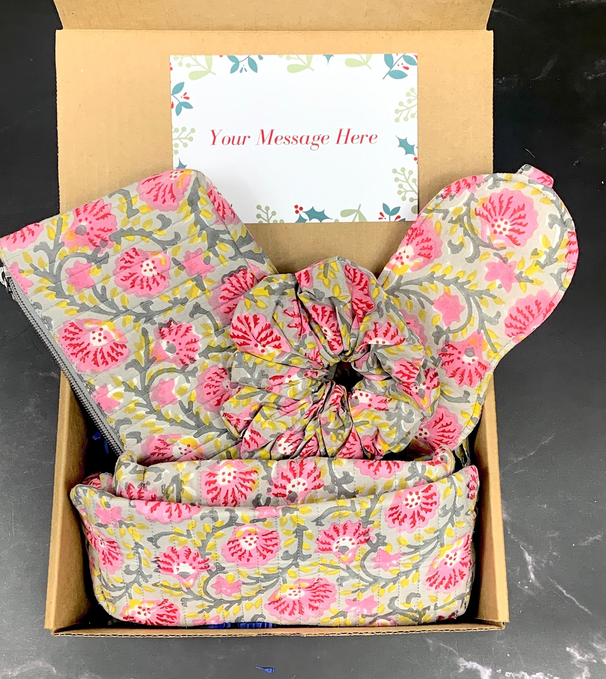 Gift Box Wash Bag, Eye Mask, Hair Scrunchie Made With 100% Cotton Artisan Hand Block Print Fabric Waterproof Lining Padded For Travel Spa  49.99 Indigo Paisley