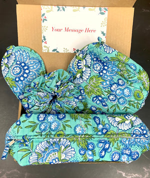 Gift Box Wash Bag, Eye Mask, Hair Scrunchie Made With 100% Cotton Artisan Hand Block Print Fabric Waterproof Lining Padded For Travel Spa  49.99 Indigo Paisley