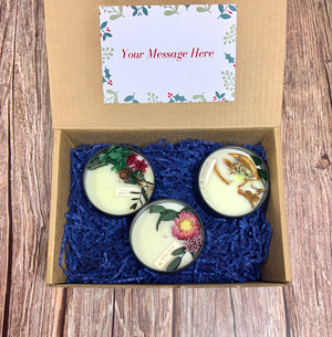 Set of 3 Hand Poured Decorated Scented Soy Smoke Free Candle In Lid Container with Real Tropical Flower and Fruit Long Burn Air Purifying  24.99 Indigo Paisley