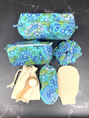 Gift Box 6 Piece Wash Bag, Eye Mask, Hair Scrunchie, Face Brush 100% Cotton Artisan Hand Block Print Fabric Waterproof Lining Padded Spa Set  59.99 Indigo Paisley