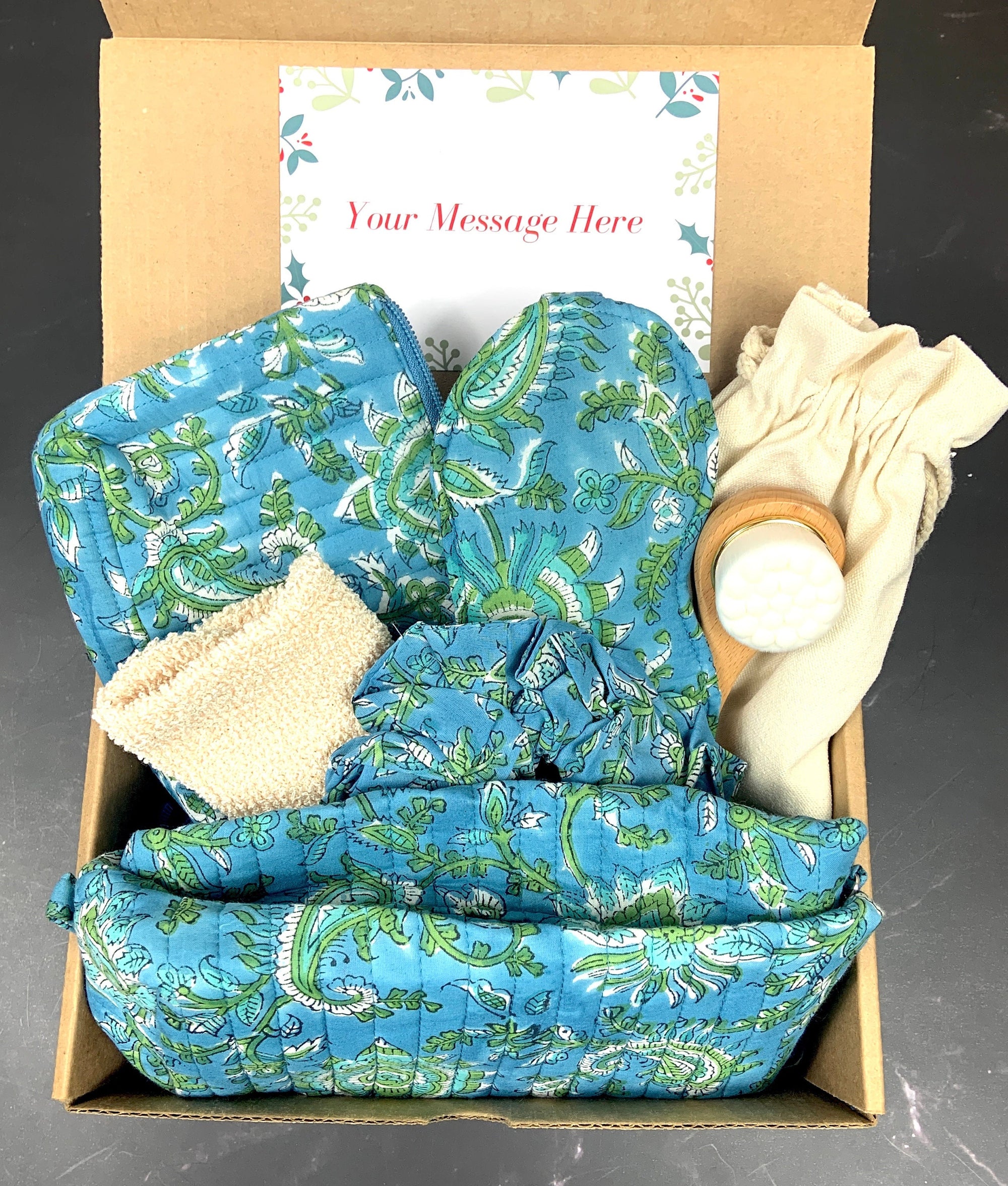 Gift Box 6 Piece Wash Bag, Eye Mask, Hair Scrunchie, Face Brush 100% Cotton Artisan Hand Block Print Fabric Waterproof Lining Padded Spa Set  59.99 Indigo Paisley