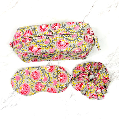 Gift Box 3 Piece Wash Bag, Eye Mask, Hair Scrunchie 100% Cotton Jaipur Artisan Hand Block Print Fabric Waterproof Lining Padded Travel Set  24.99 Indigo Paisley