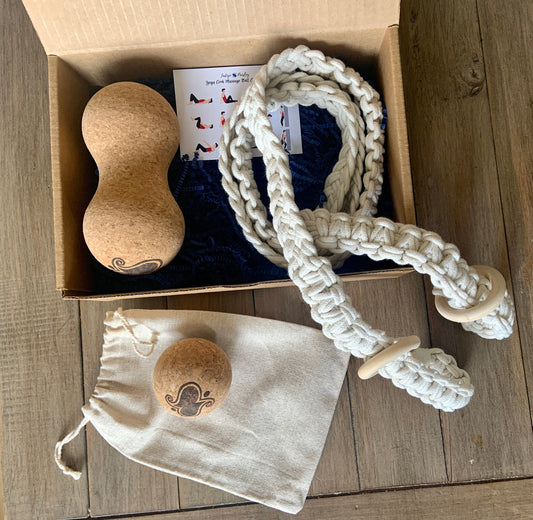 Yoga Gift Box Cork Massage Ball, Macrame Yoga Mat Holder Strap Pilates Non Toxic Naturally Sourced From India With Cotton Canvas Carry Pouch  9.99 Indigo Paisley